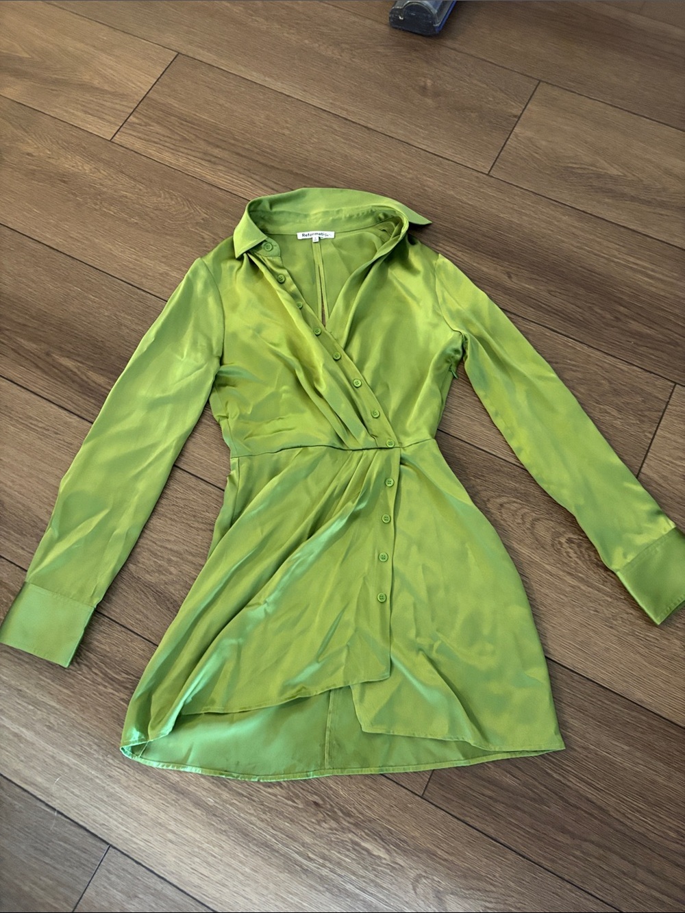 Reformation Avocado Green Satin Wrap Dress